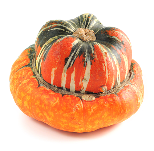 This hard squash has a turban shape and a bright orange exterior and green and pale ivory stripes.