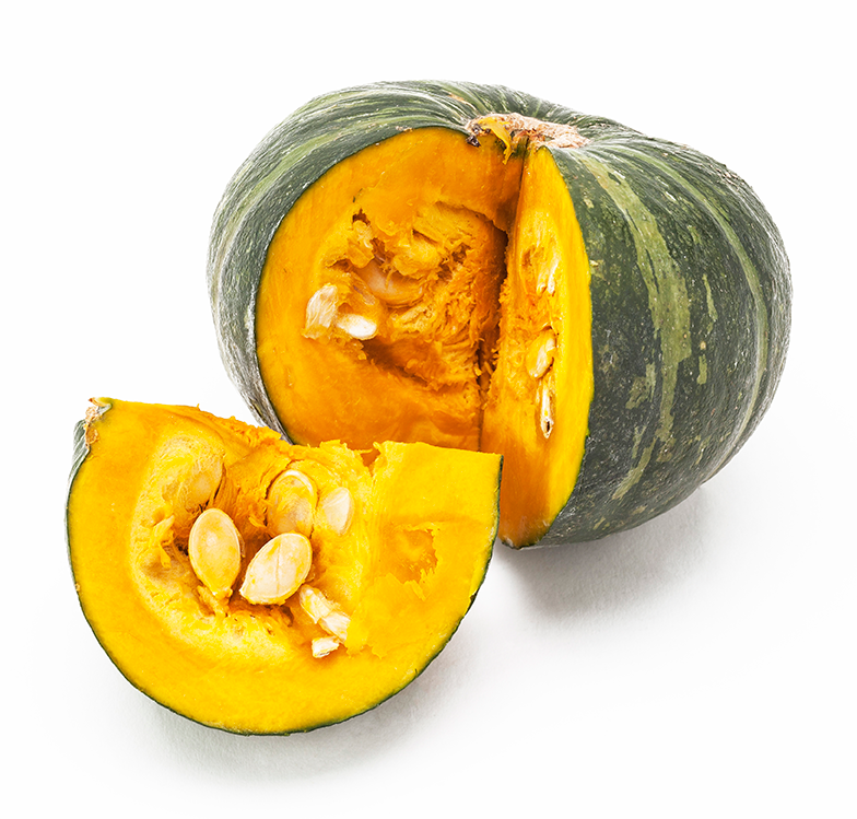 A green squash with pales stripes, cut open to reveal orange flesh and seeds