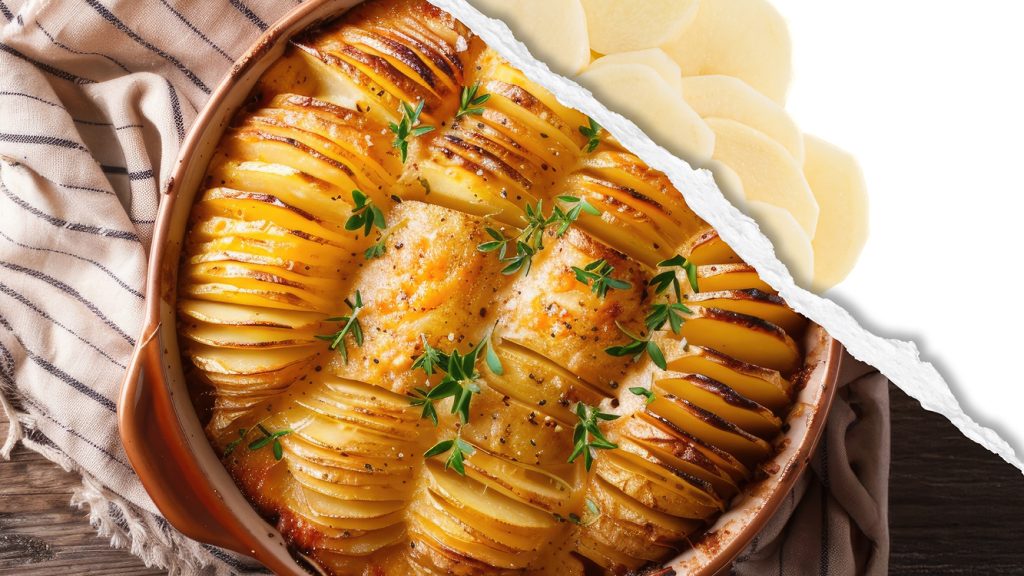 A plated potato gratin in the style of Hasselback potatoes, featuring raw sliced potatoes. 