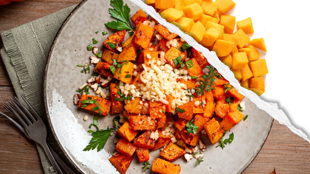 Roasted and diced butternut squash with cheese and herbs, featuring raw diced butternut squash. 