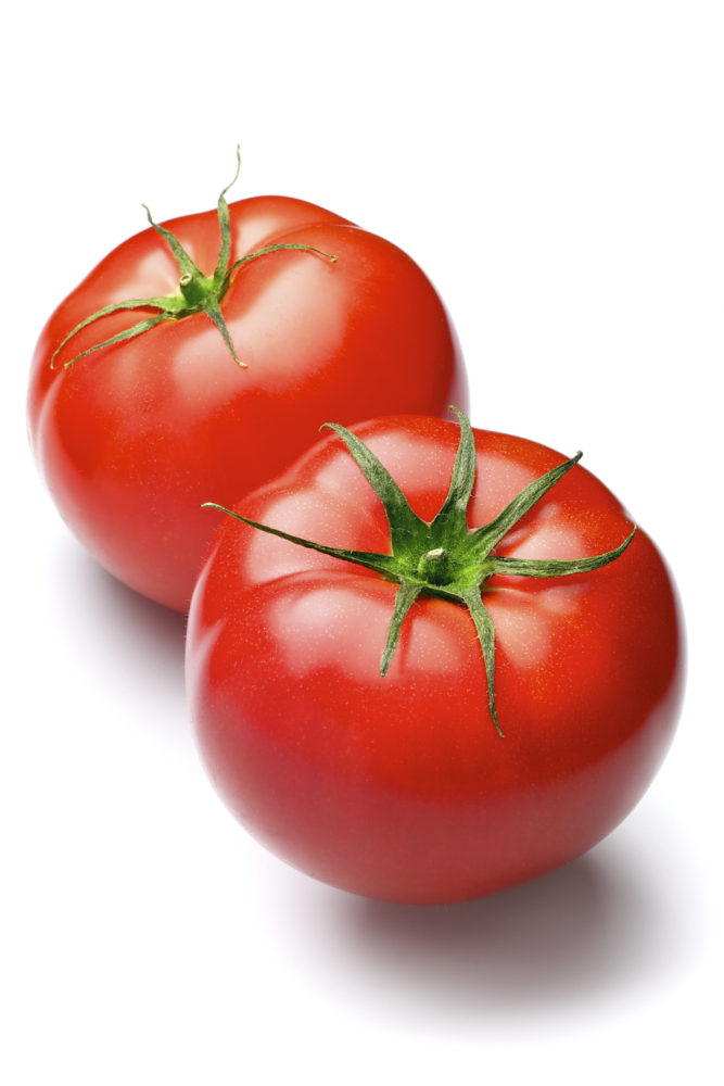 image of 2 red, ripe, round tomatoes